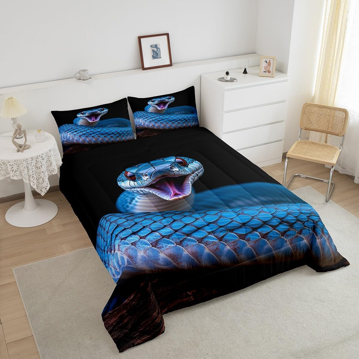 Snake Comforter Set, 3D Reptile Print Bedding Comforter, Modern Wild Animal Fashion Quilted Duvet, Full Size