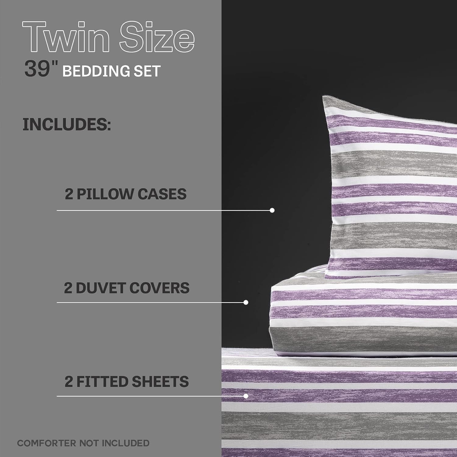 Twin Size Bedding | Duvet Cover | 6 Piece Set | Comforter Cover | Bed Sheet | Pillow Cover | Soft Cotton Blend | Machine Washable | Designed | Cabana Stripe Lilac