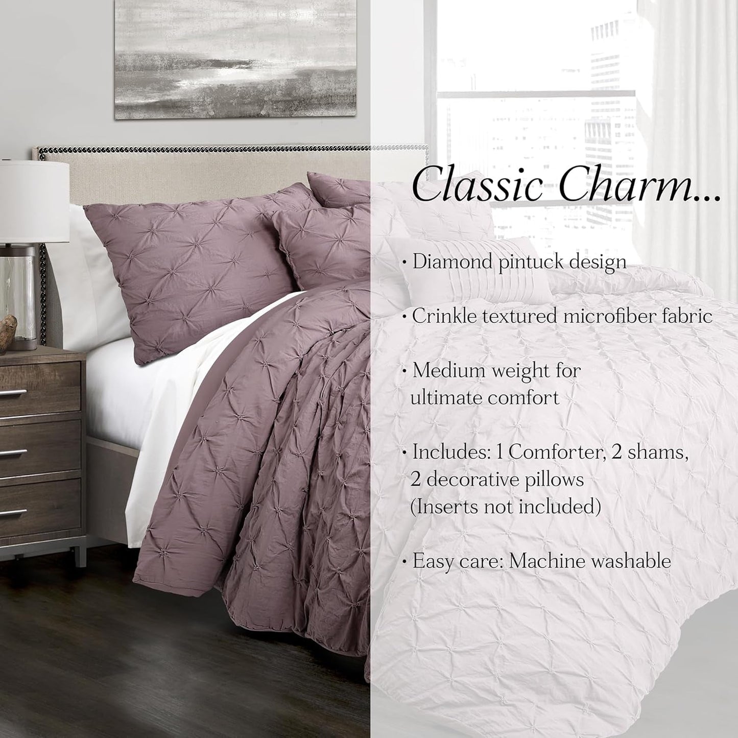 Ravello Pintuck Comforter Set - Luxe 5 Piece Textured Bedding Set - Traditional Glam & Farmhouse Inspired Bedroom Decor - Full/ Queen, Woodrose