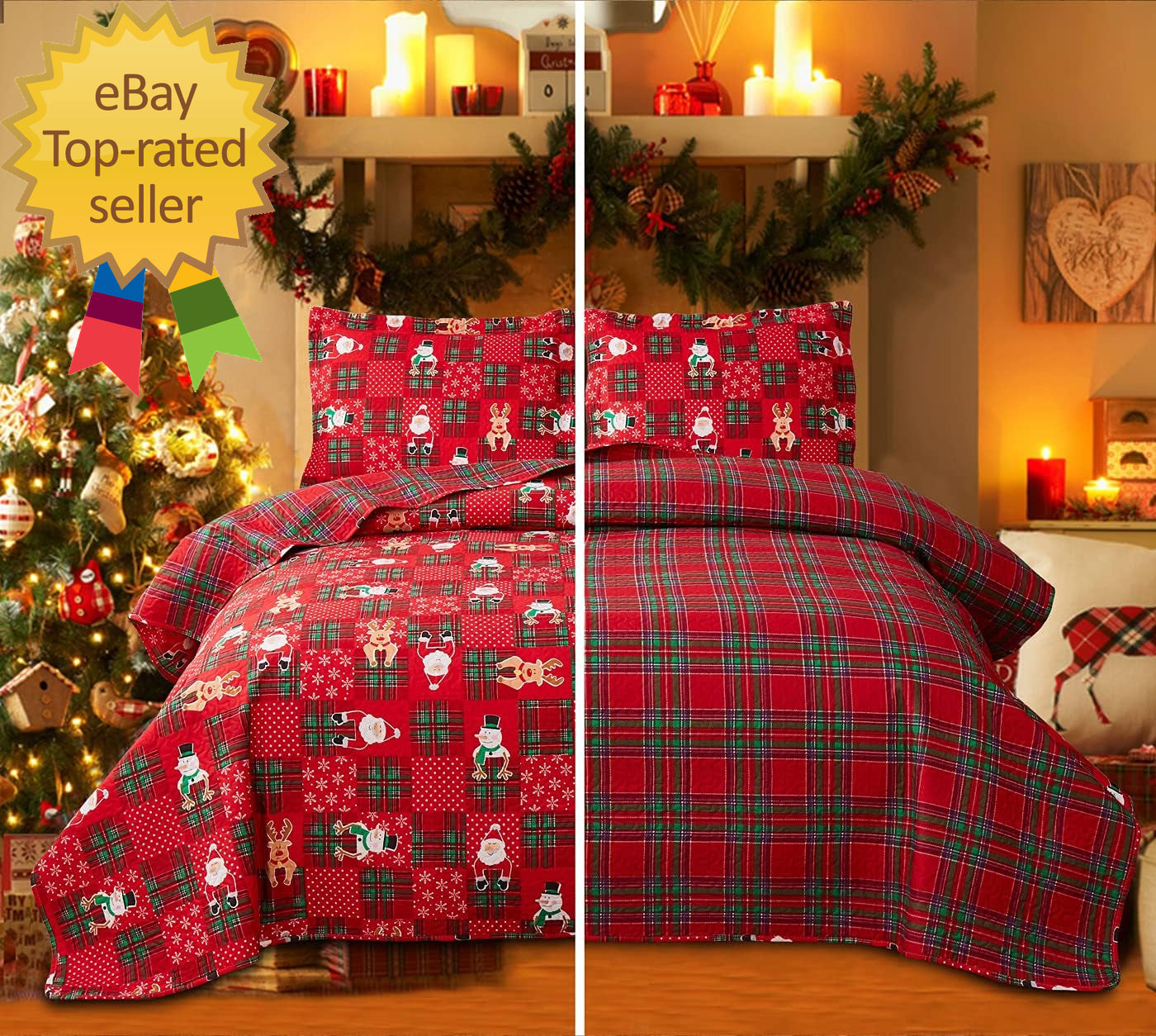 Christmas Quilt Set King Size Bedding Reversible Red Green Christmas Plaid Patch