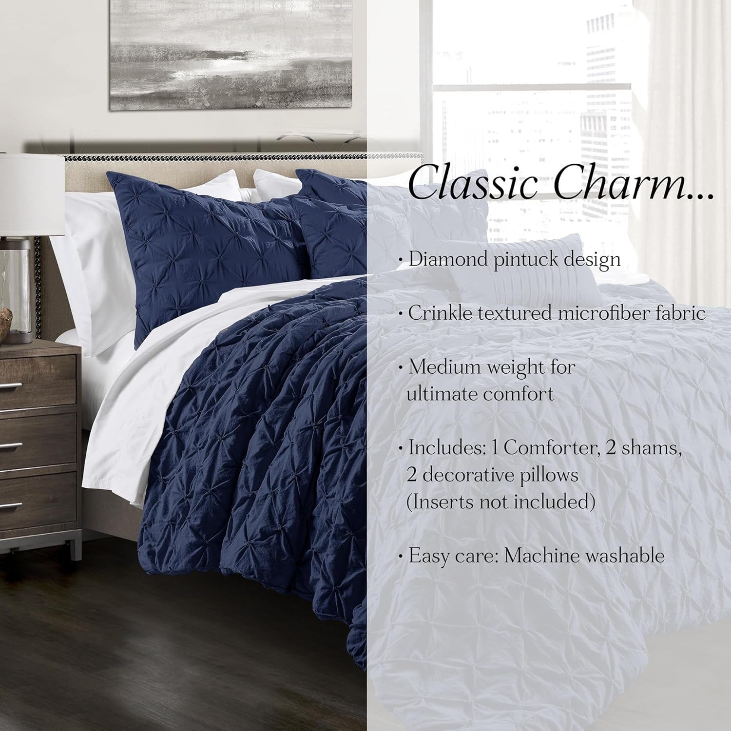 Ravello Pintuck Comforter Set - Luxe 5 Piece Textured Bedding Set - Traditional Glam & Farmhouse Inspired Bedroom Decor - Full/ Queen, Navy