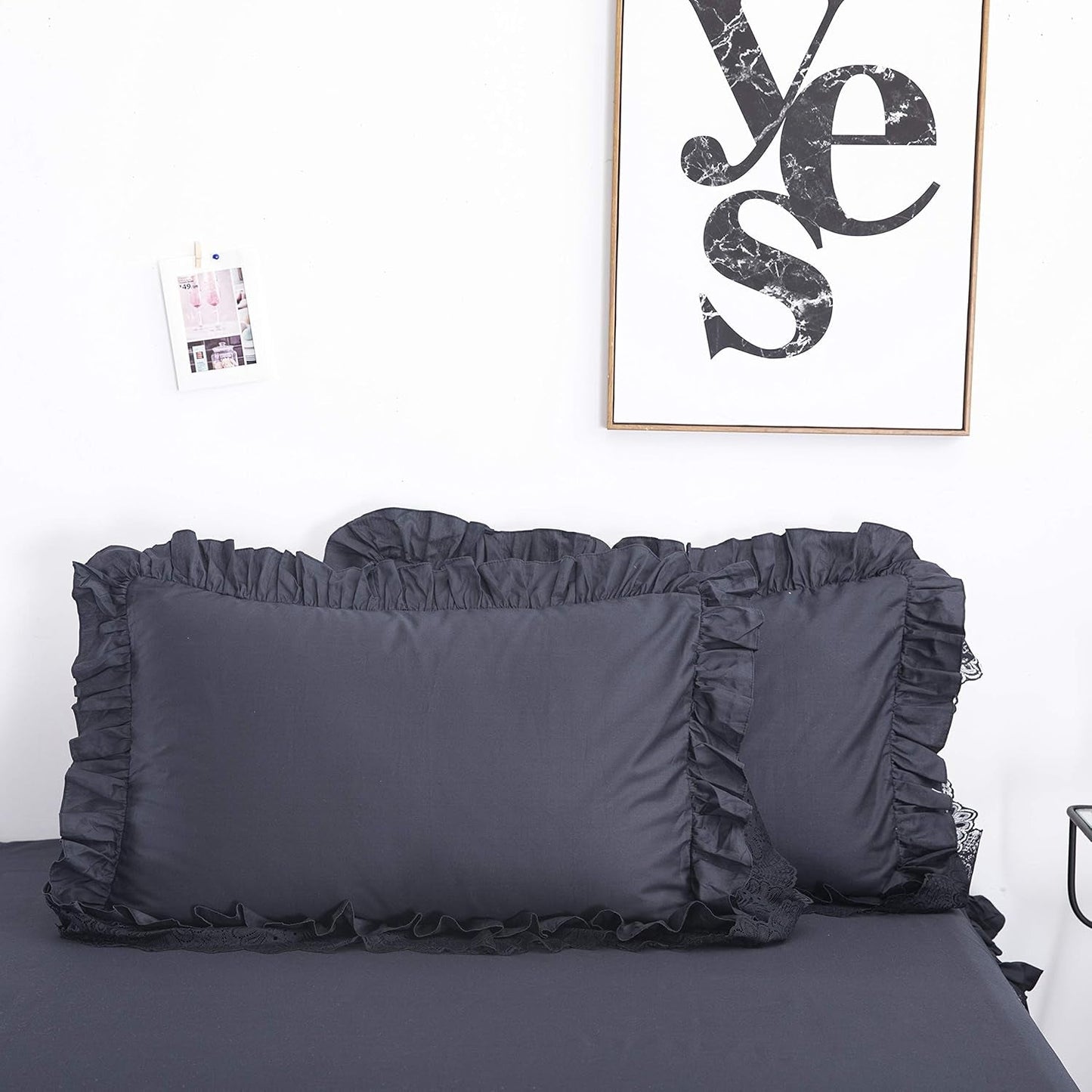 Black Queen 4 Piece 100% Cotton Shabby Vintage Chic Lace Duvet Cover Set Soft Dust Ruffle Mexico Bed Skirt Farmhouse Bedding