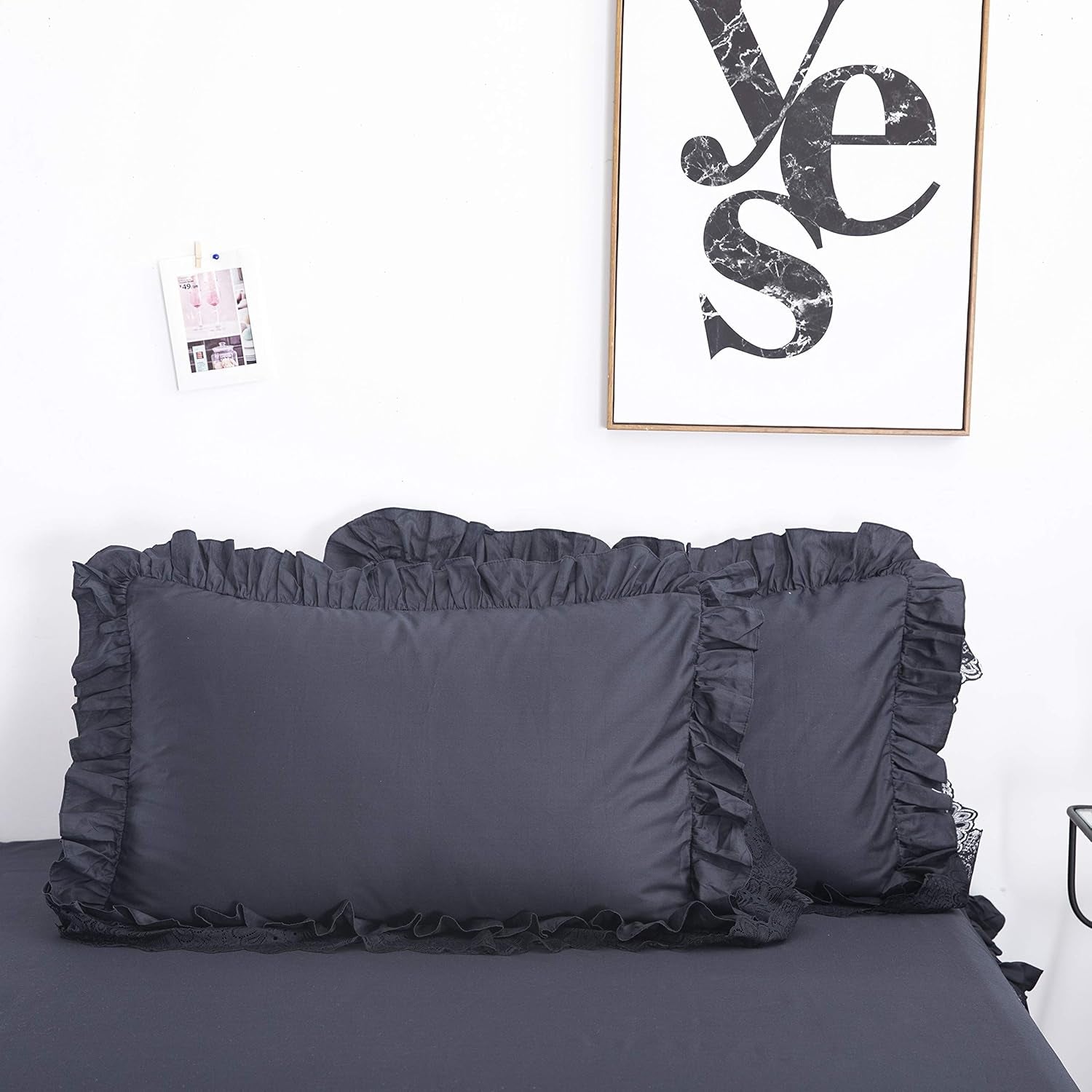 Black Queen 4 Piece 100% Cotton Shabby Vintage Chic Lace Duvet Cover Set Soft Dust Ruffle Mexico Bed Skirt Farmhouse Bedding