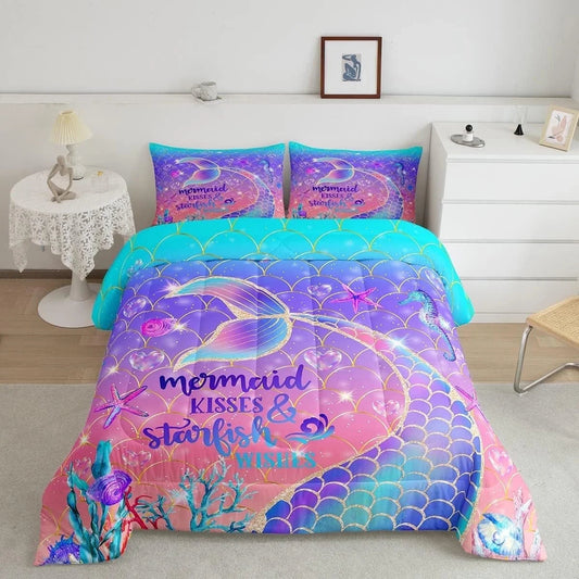 Mermaid Tail Comforter Set ,Mermaid Bedding Set King,Cartoon Mermaid Quilt Set ,Glitter Nautical Rainbow Ombre Sea Animal Duvet Insert with 2 Pillow Shams Ultra Warm