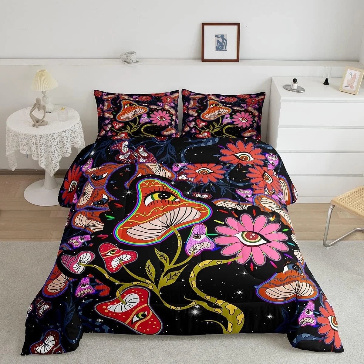 Mushroom Bedding Set King Women Trippy Cute Flowers Comforter Set Colorful Hippy Quilted Comforter Black Botanical Theme Eyes 3D Galaxy Pattern Printed Quilt Duvet Soft Warm