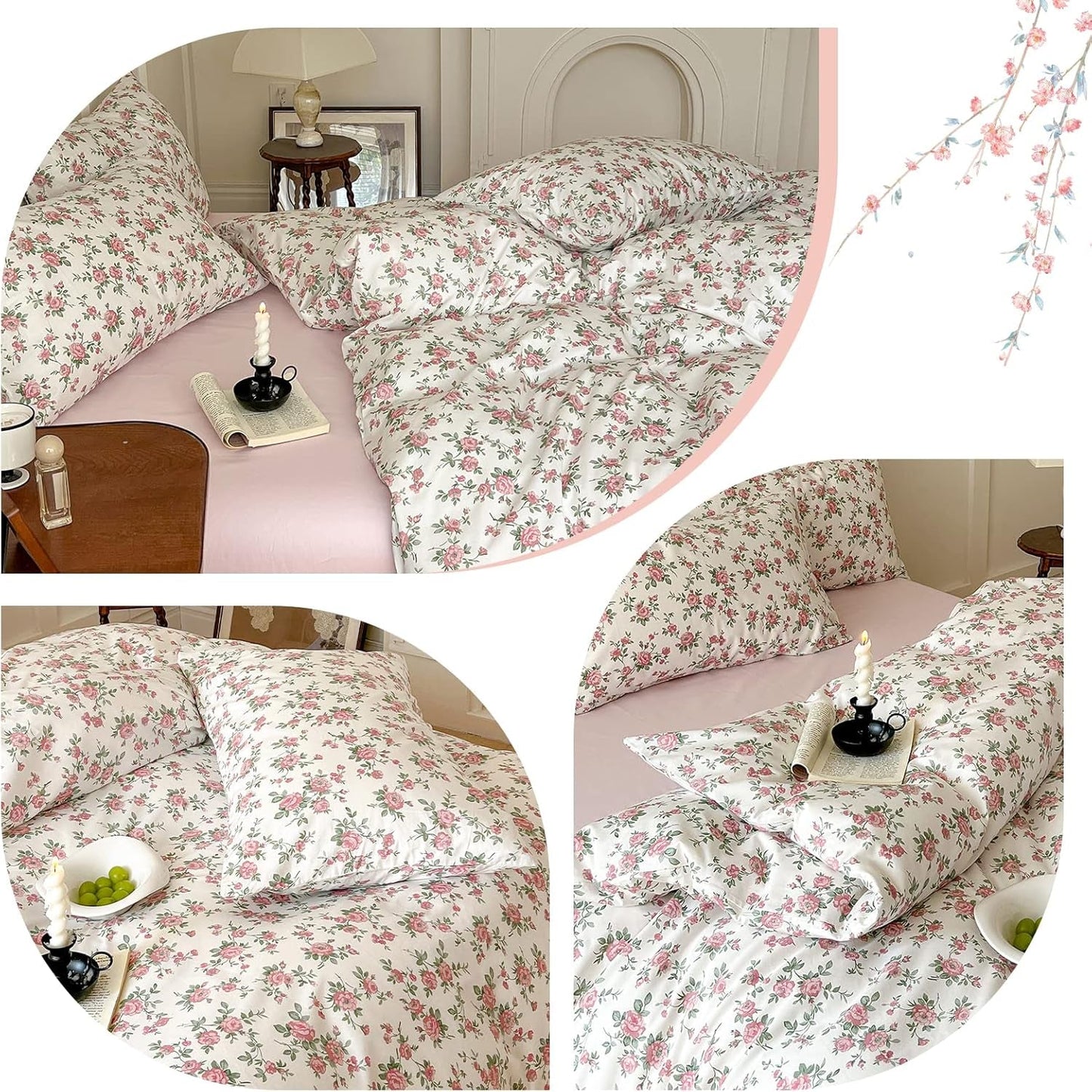 Floral Duvet Cover Set Twin Size Kids Pink 100% Cotton Aesthetic Bedding Sets Girl Women 3 Pieces Floral Branch Comforter Cover with Zipper Ties Garden Bedding Cover