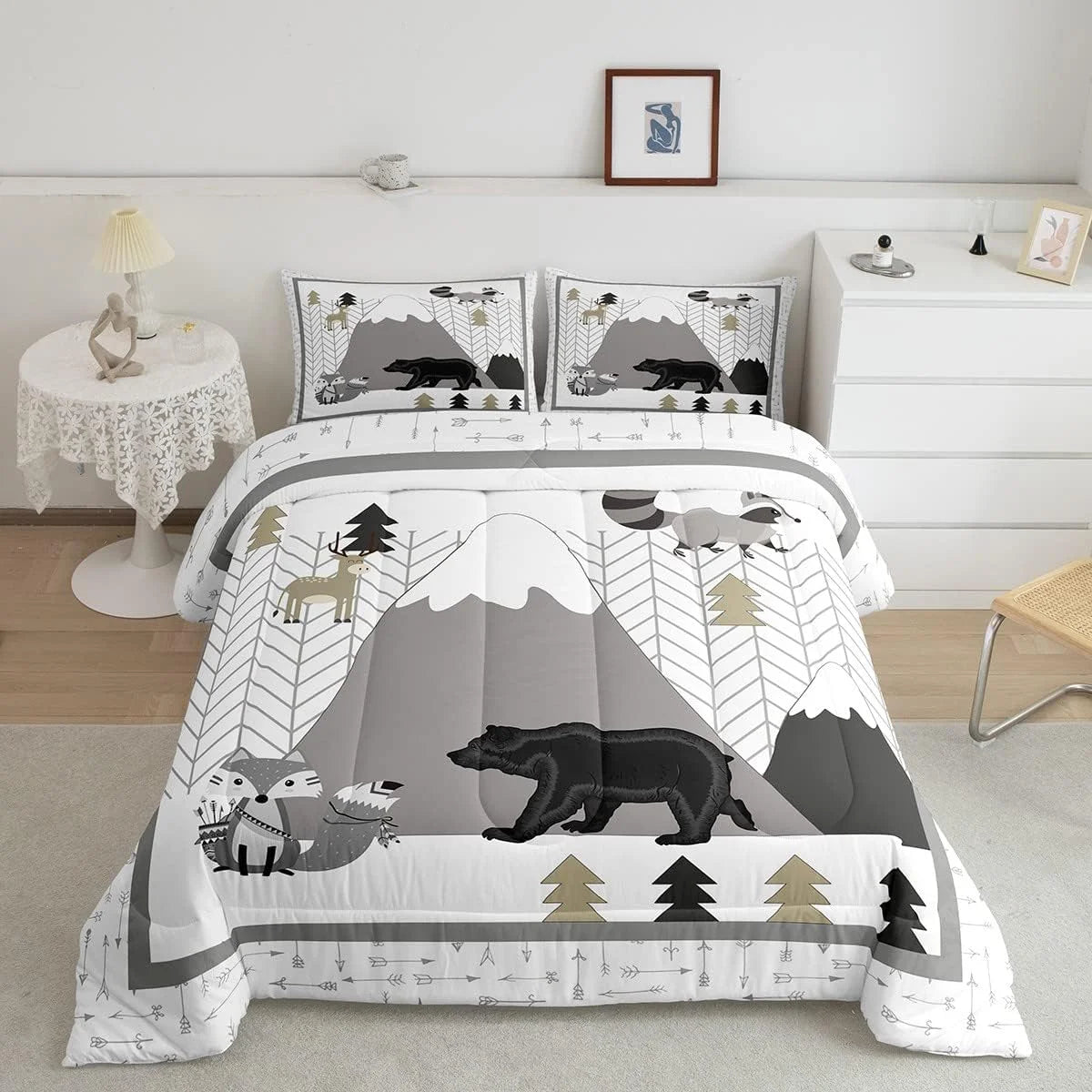 Cute Animals Comforter Set Cartoon Fox Bear Bedding Set Women Adults Mountains and Trees Comforter Cartoon Quilted Duvet Set Bedroom Collection Twin Size