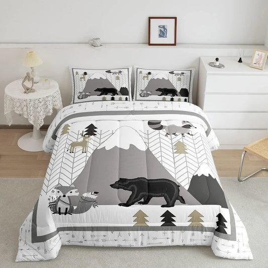 Cute Animals Comforter Set Cartoon Fox Bear Bedding Set Women Adults Mountains and Trees Comforter Cartoon Quilted Duvet Set Bedroom Collection Twin Size