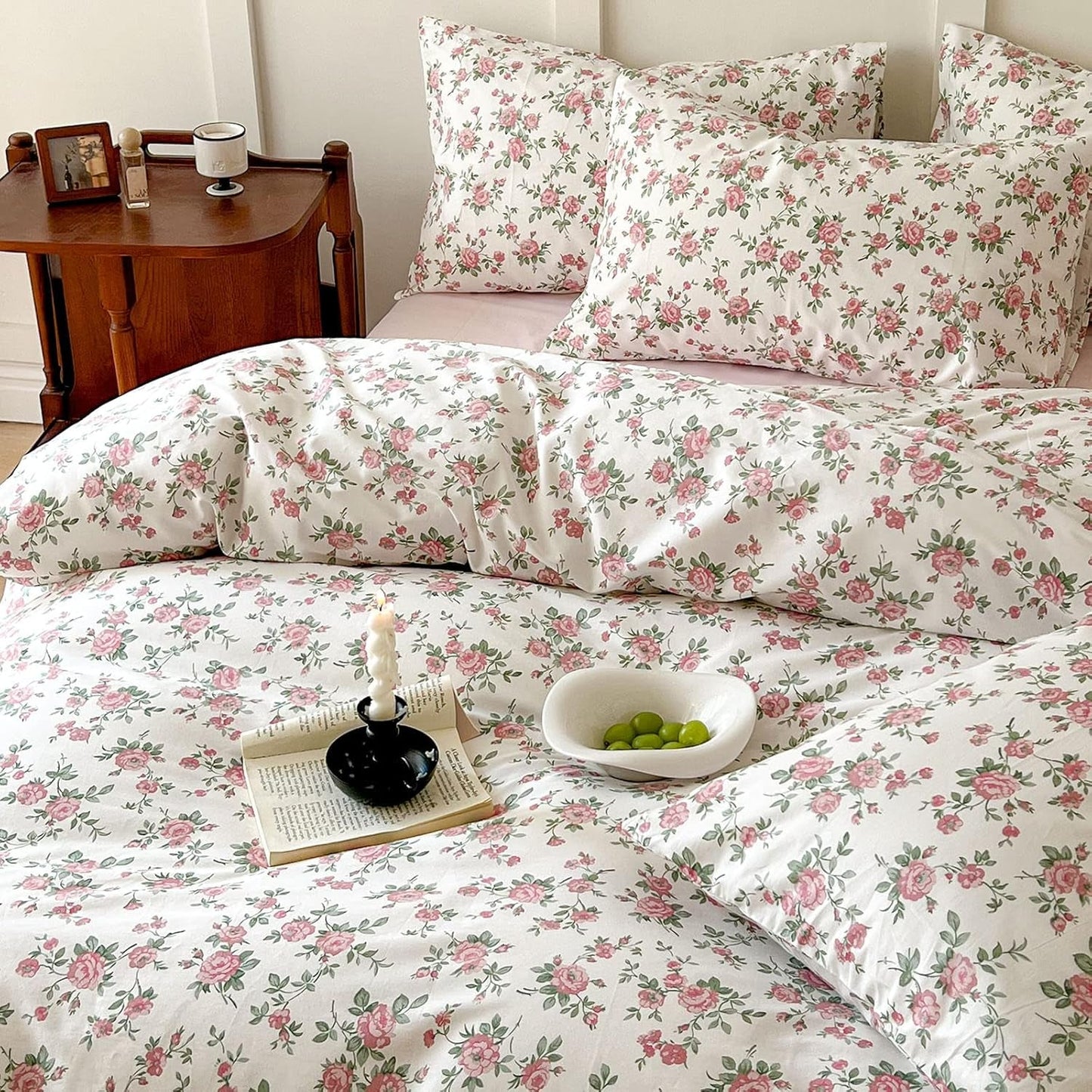 Girls Cotton Girl Bedding Sets Queen Little Flower Duvet Cover Set Queen Double Size 100% Cotton Floral Leaves Garden Bedding Collection for Teens Students Women