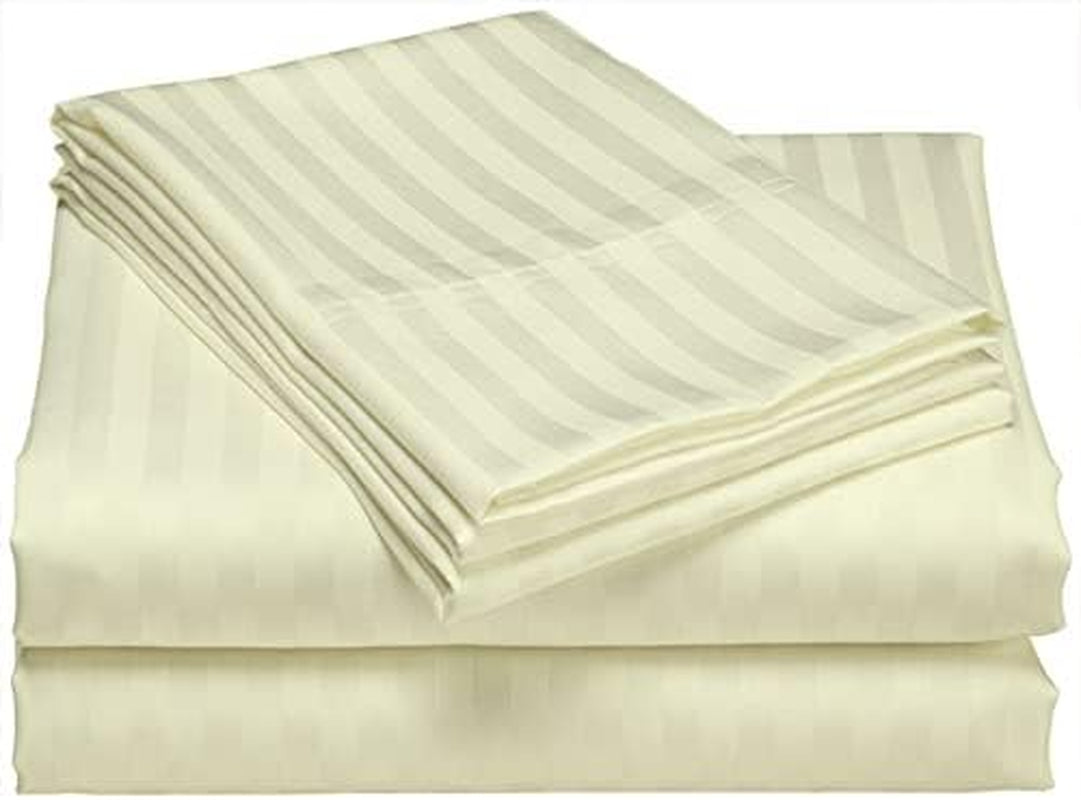 , Luxury Super Soft 100% Cotton Duvet Cover Pillowcases Fitted Sheet Set, Stripe, King, Ivory