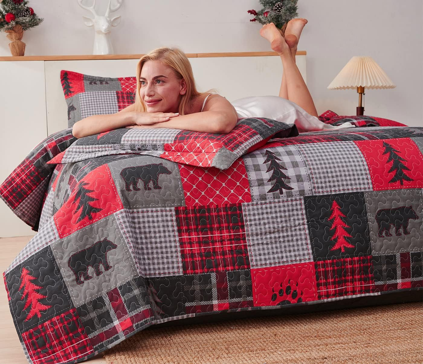 Rustic Queen Size Quilt Set - Plaid Country Patchwork Bedding, Reversible Quilts - Lightweight Bedspread