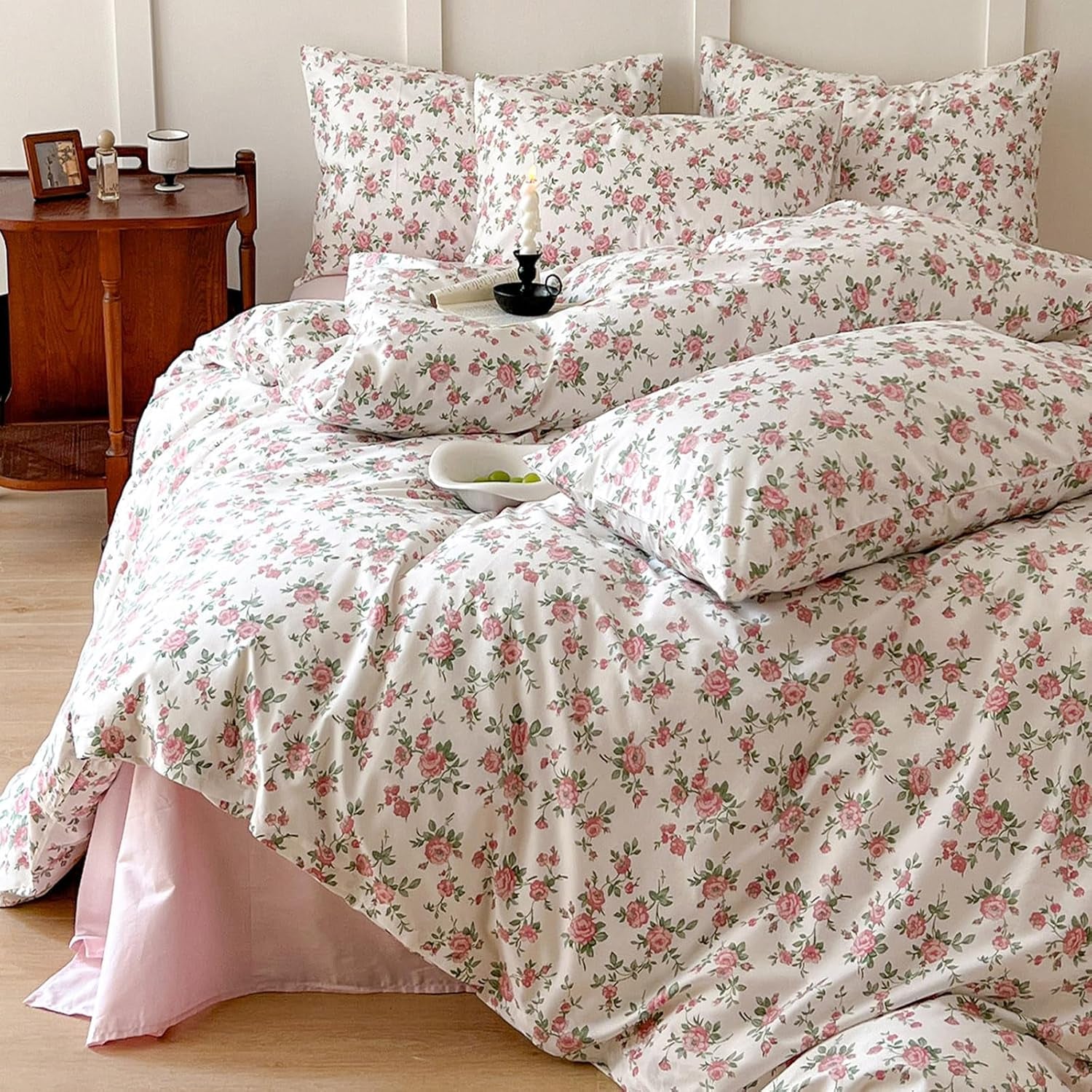 Girls Cotton Girl Bedding Sets Queen Little Flower Duvet Cover Set Queen Double Size 100% Cotton Floral Leaves Garden Bedding Collection for Teens Students Women