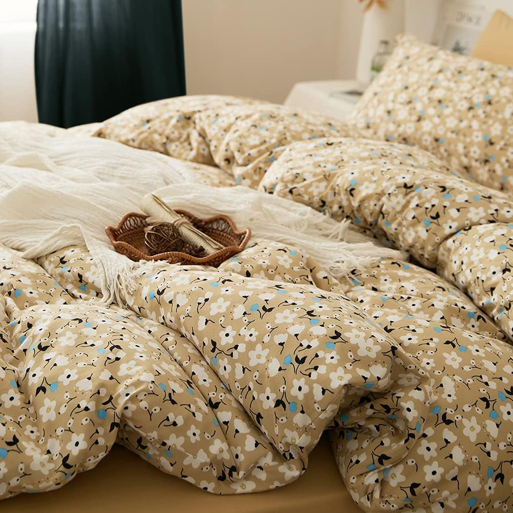 Jersey Knit Cotton Floral Bedding Sets Yellow King Duvet Cover Cotton Comforter Cover Garden Bedding Sets 3 Piece Comfy T-Shirt Garden Flowers Bedroom Collections King Size