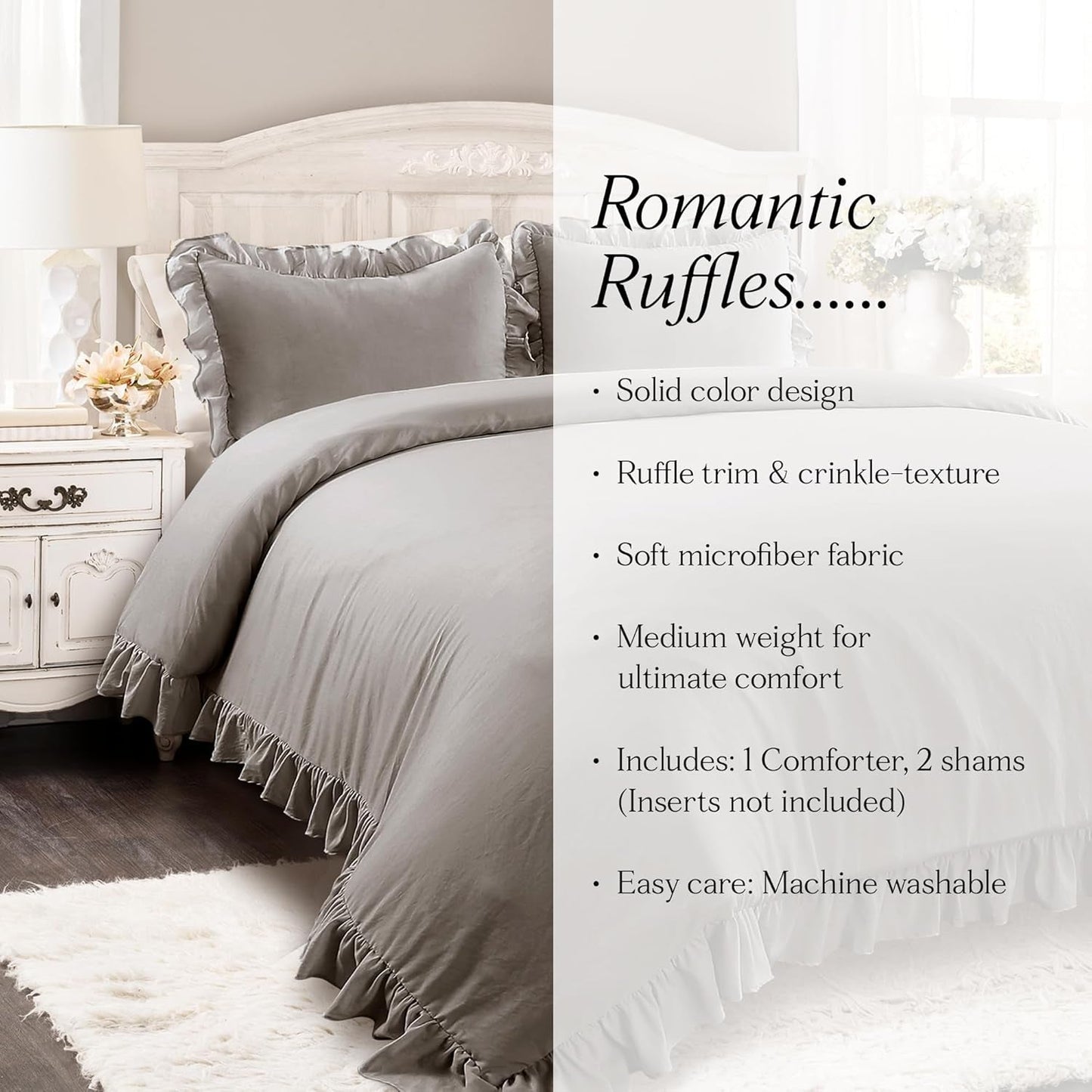 Reyna Ruffle Comforter Set - 3 Piece Cozy Ruffled Bedding Set - Timeless Elegance and Comfort for Dorm Room - Full/ Queen, Gray