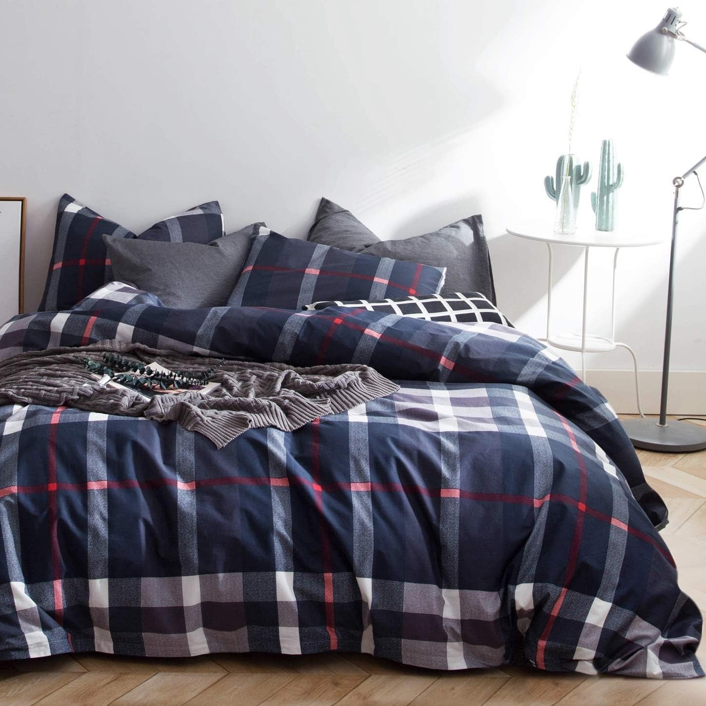 Navy Blue Plaid Comforter Set - Queen Size Teen Boys Bedding with Dark Blue & White Grid Comforter, Buffalo Plaid, Tartan Checkered & Gingham Pattern