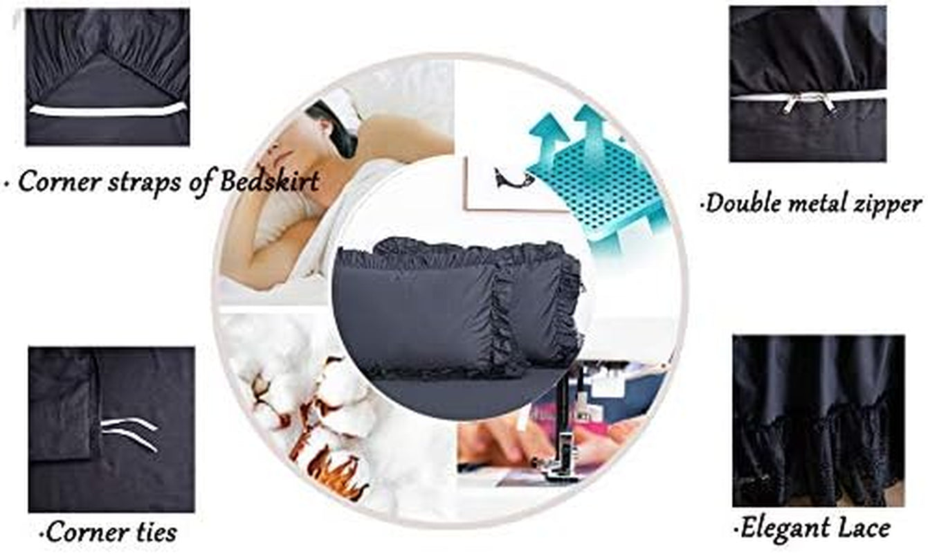 Black Queen 4 Piece 100% Cotton Shabby Vintage Chic Lace Duvet Cover Set Soft Dust Ruffle Mexico Bed Skirt Farmhouse Bedding