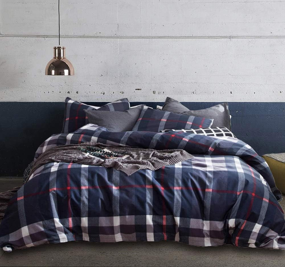 Navy Blue Plaid Comforter Set - Queen Size Teen Boys Bedding with Dark Blue & White Grid Comforter, Buffalo Plaid, Tartan Checkered & Gingham Pattern