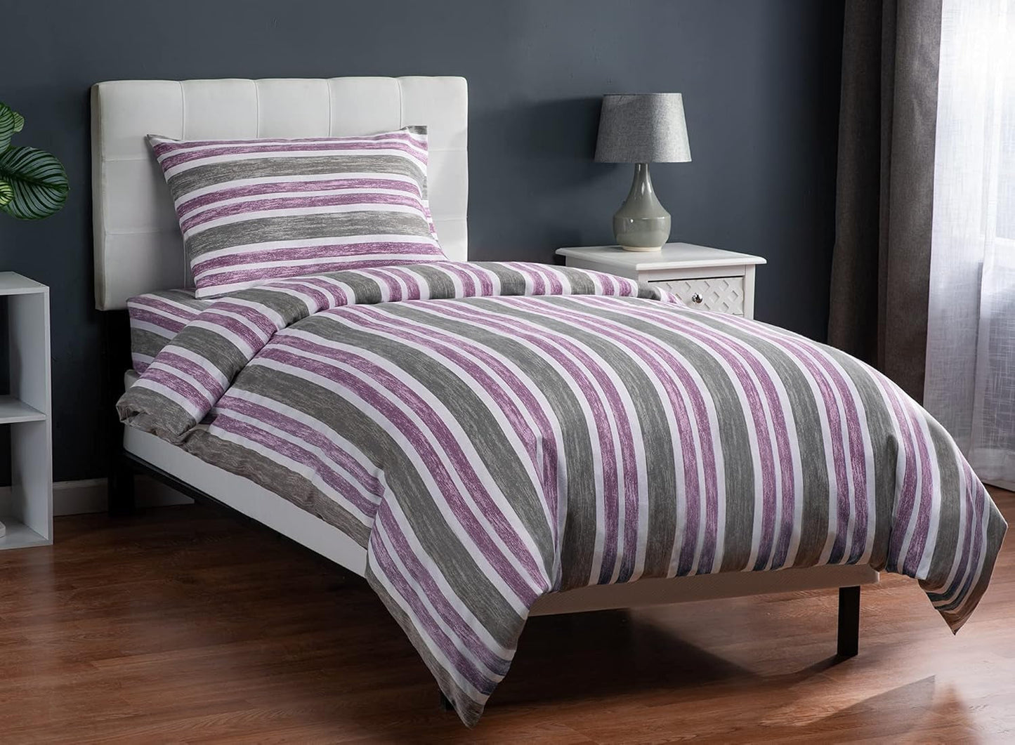 Twin Size Bedding | Duvet Cover | 6 Piece Set | Comforter Cover | Bed Sheet | Pillow Cover | Soft Cotton Blend | Machine Washable | Designed | Cabana Stripe Lilac