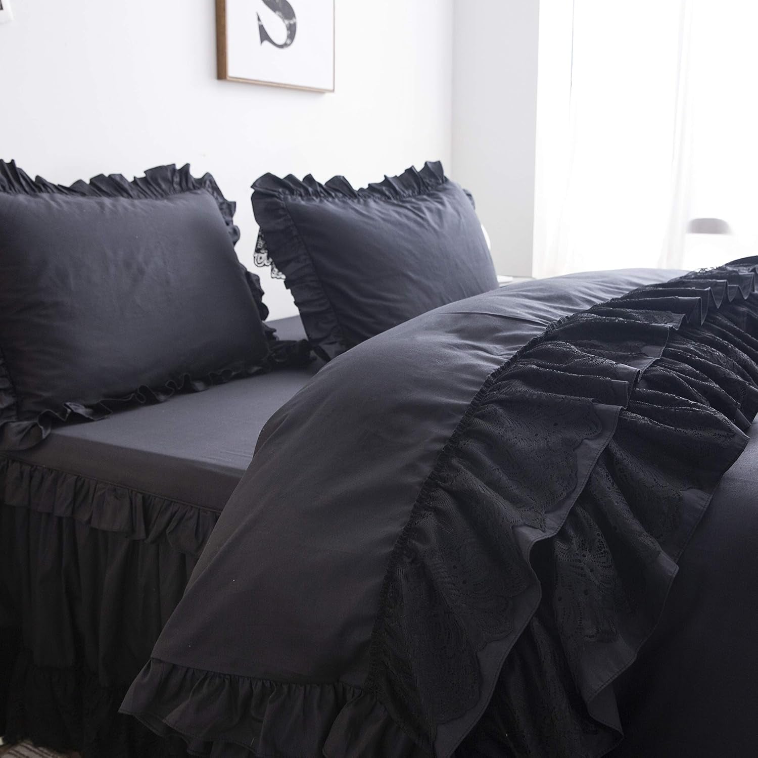Black Queen 4 Piece 100% Cotton Shabby Vintage Chic Lace Duvet Cover Set Soft Dust Ruffle Mexico Bed Skirt Farmhouse Bedding