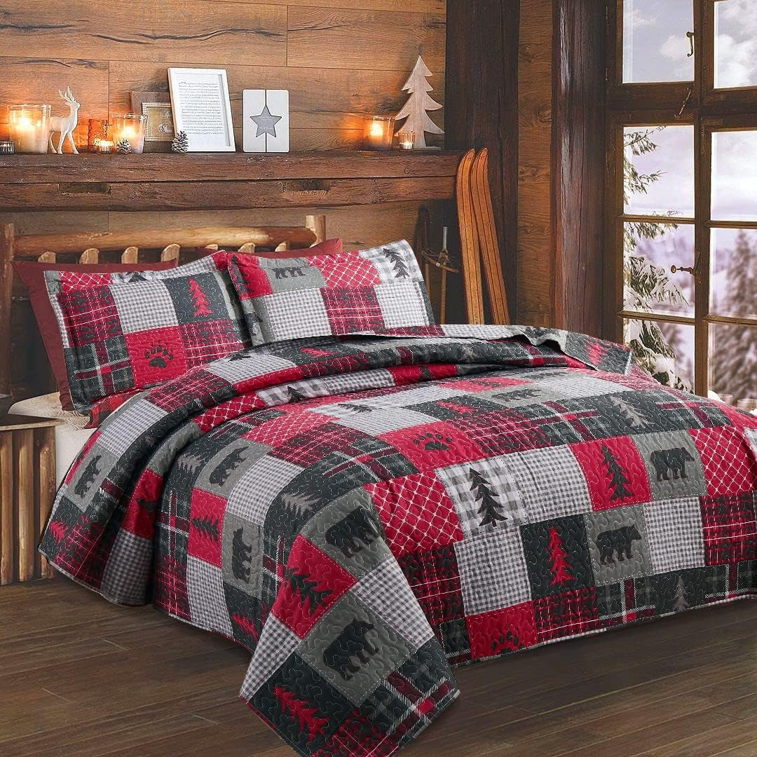 Rustic Queen Size Quilt Set - Plaid Country Patchwork Bedding, Reversible Quilts - Lightweight Bedspread