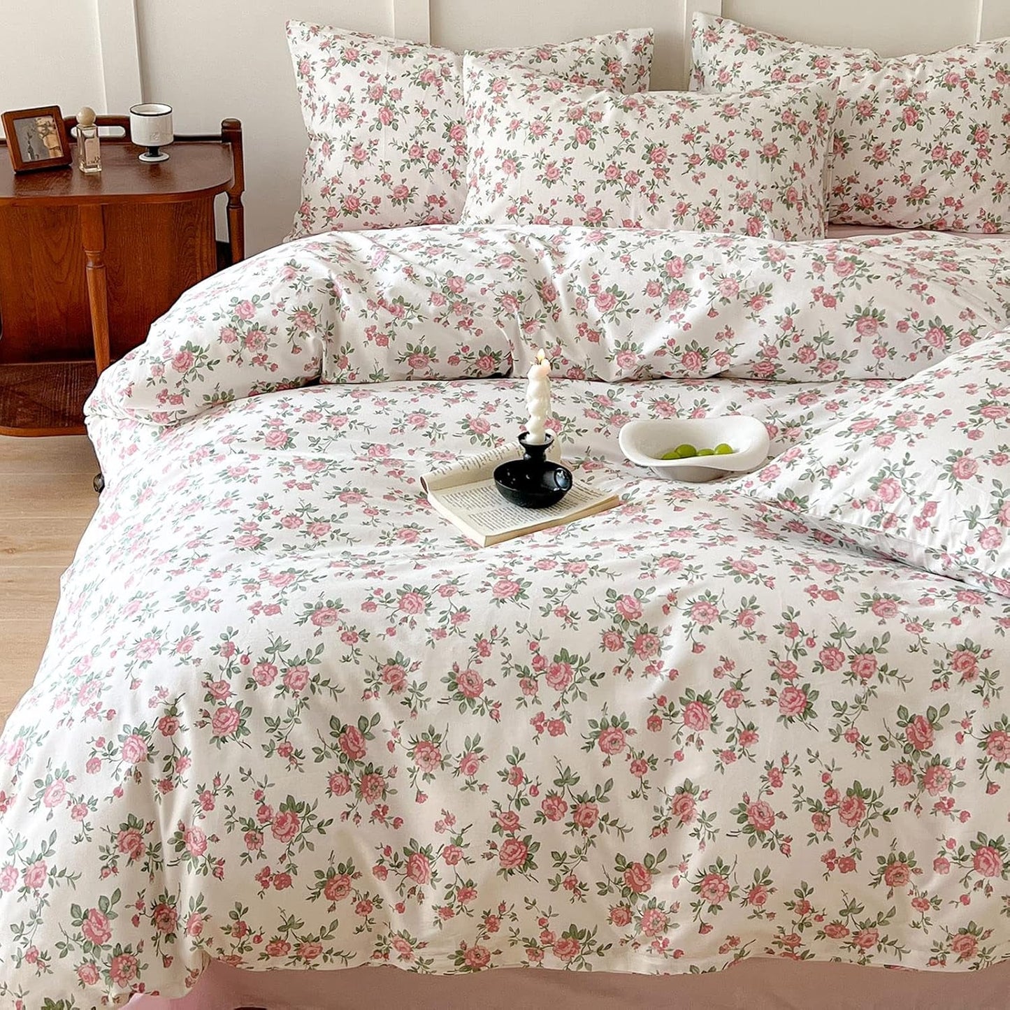 Floral Duvet Cover Set Twin Size Kids Pink 100% Cotton Aesthetic Bedding Sets Girl Women 3 Pieces Floral Branch Comforter Cover with Zipper Ties Garden Bedding Cover