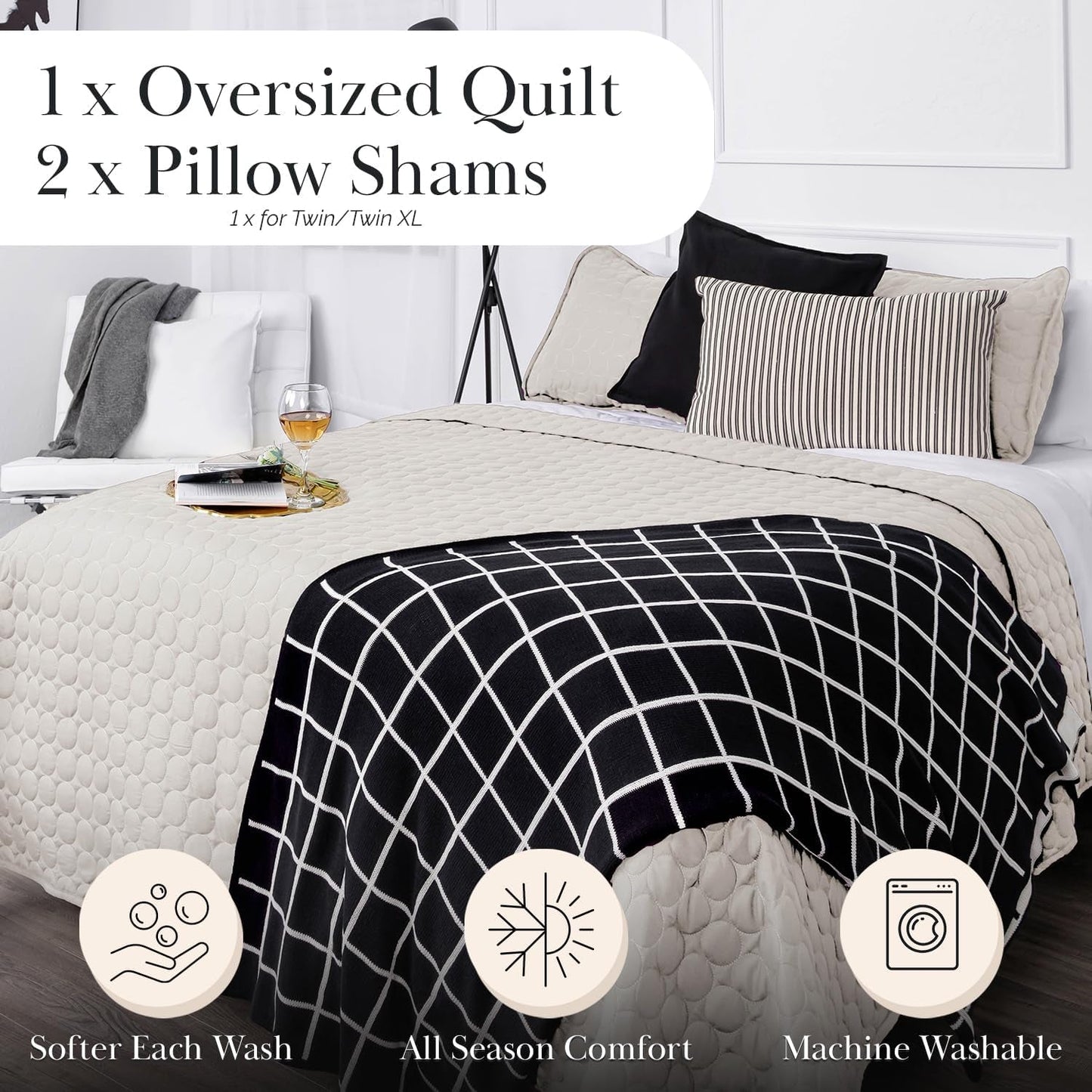 Quilted Summer Comforter, King Size Quilt Bedding Set with 2 Pillow Shams, Geometric Circle Design, Lightweight Bedspread, California/King Size Coverlet, Comfy Soft, Bone