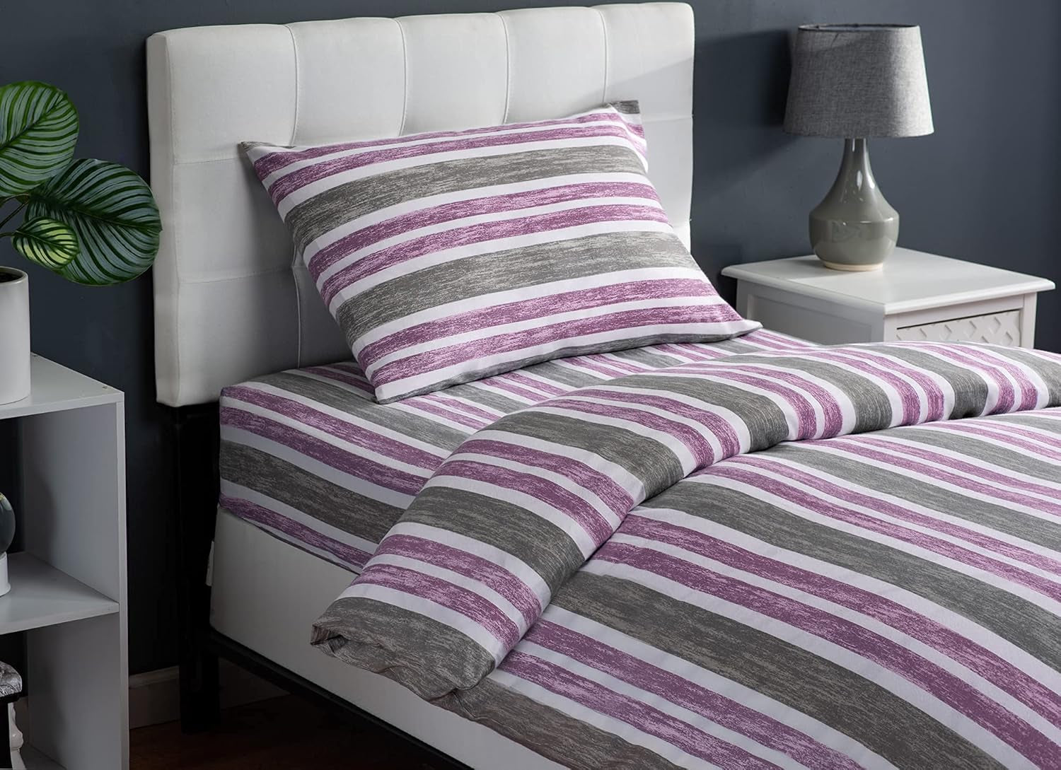 Twin Size Bedding | Duvet Cover | 6 Piece Set | Comforter Cover | Bed Sheet | Pillow Cover | Soft Cotton Blend | Machine Washable | Designed | Cabana Stripe Lilac